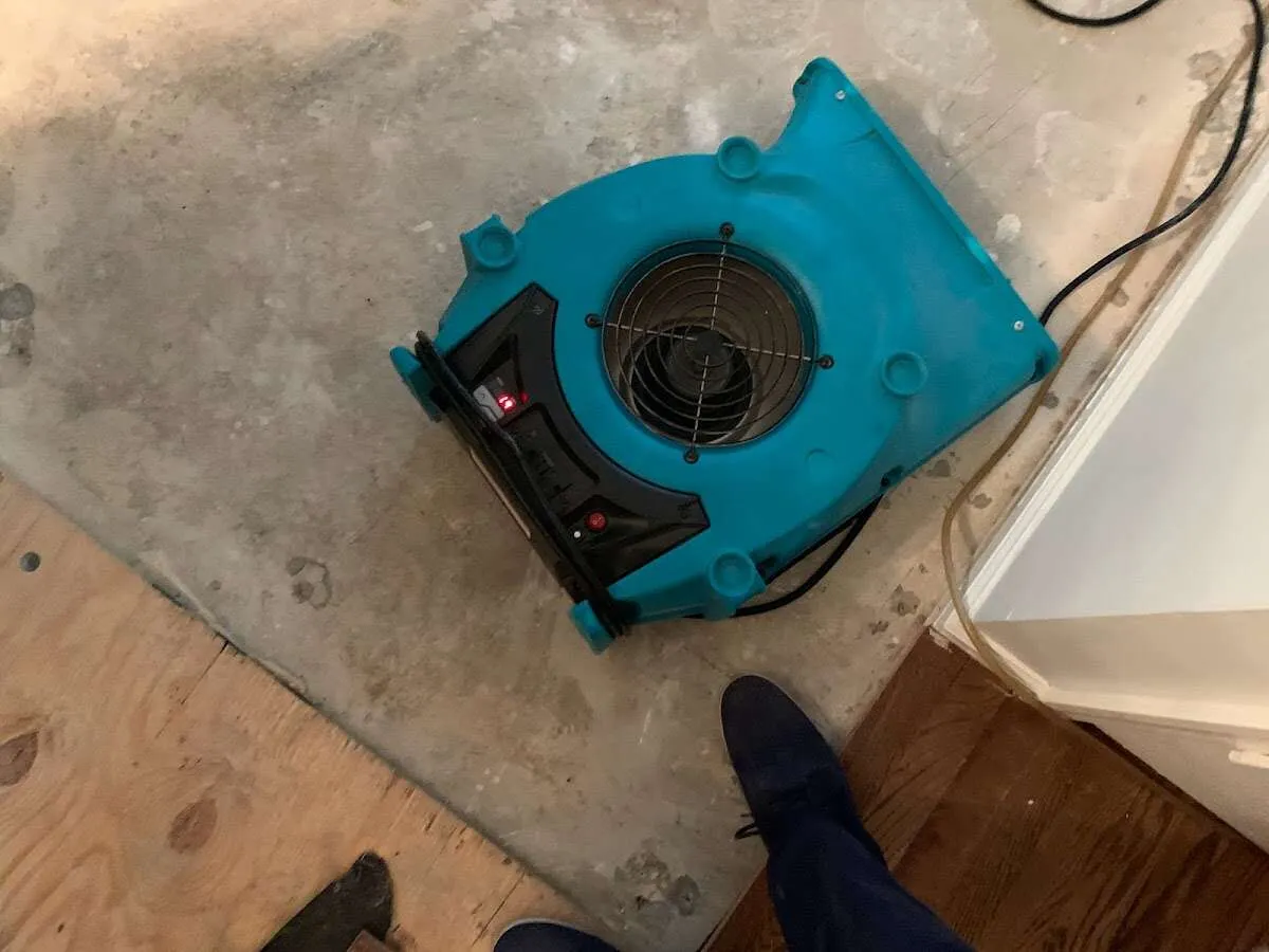 Air mover drying subfloor during Commercial Water Damage Restoration in Pelham